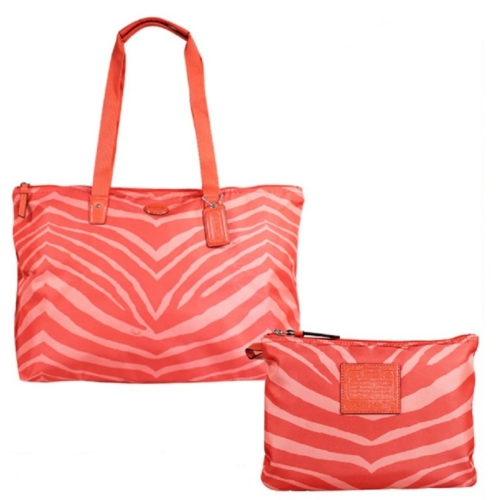 Coach Getaway Weekender & Pouch Zebra Print Nylon Leather Duffle 2pc
